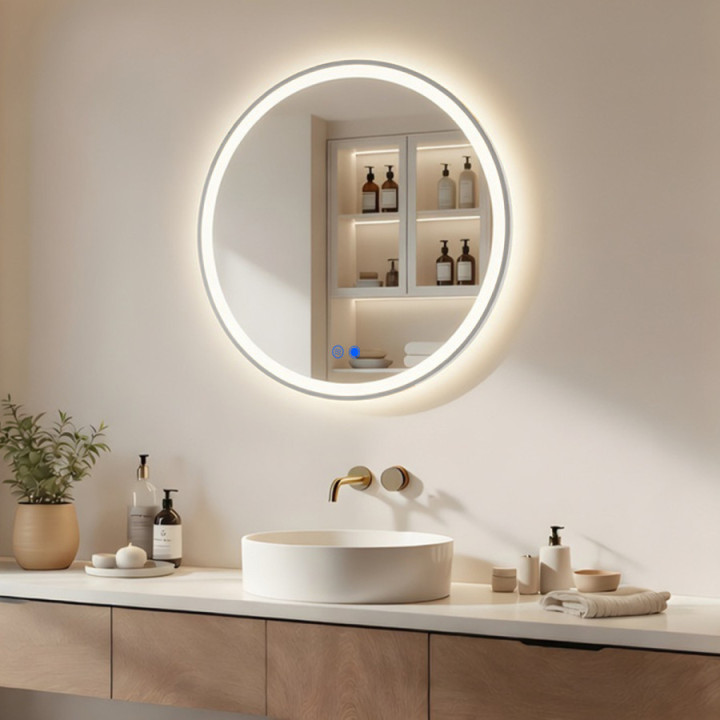 Okrągłe lustro podświetlane LED - 60 cm w srebnej ramie aluminiowej