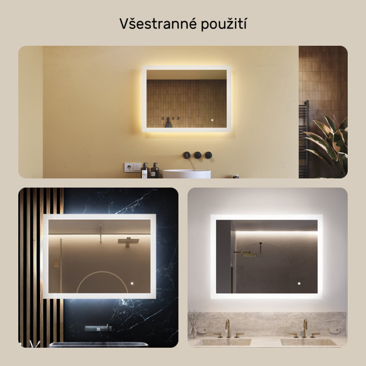 80x60 cm Obdélníkové zrcadlo do koupelny s LED osvětlením 80x60cm s duální barvou, dotykový spínač