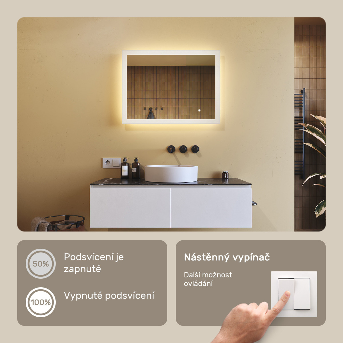 80x60 cm Obdélníkové zrcadlo do koupelny s LED osvětlením 80x60cm s duální barvou, dotykový spínač