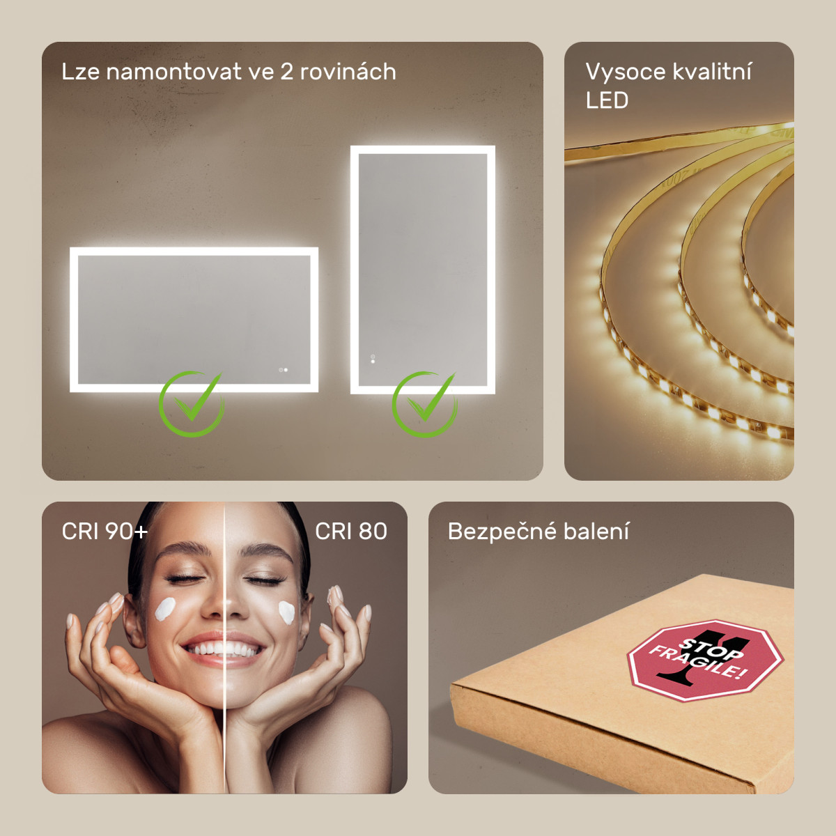 120x70 cm Obdélníkové zrcadlo do koupelny s LED osvětlením 120x70cm s duální barvou, dotykový spínač, topná matrace