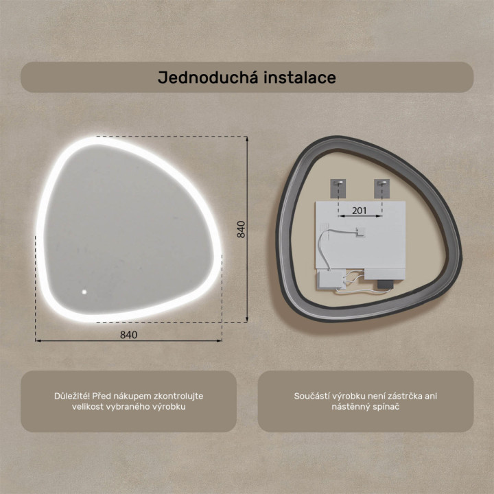 84x84 cm Neregularní zrcadlo s podsvícením, 84x84cm, duální barva, dotykový spínač