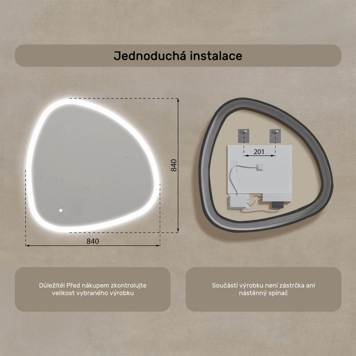 84x84 cm Neregularní zrcadlo s podsvícením, 84x84cm, duální barva, dotykový spínač