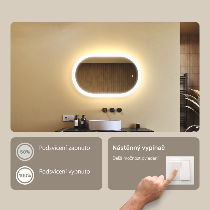 80x50 cm Podsvícené zrcadlo do koupelny, 80x50cm, dvoubarevné, dotykový spínač