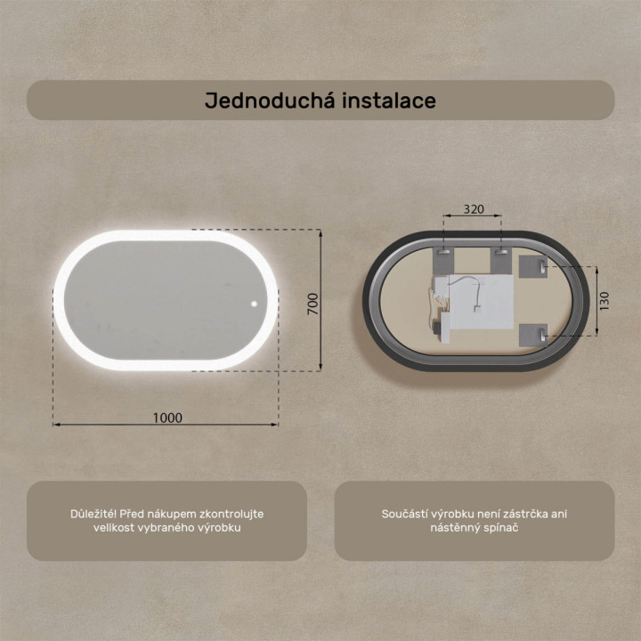 100x70 cm Osvětlené zrcadlo do koupelny, 100x70cm, dvoubarevné, dotykový spínač