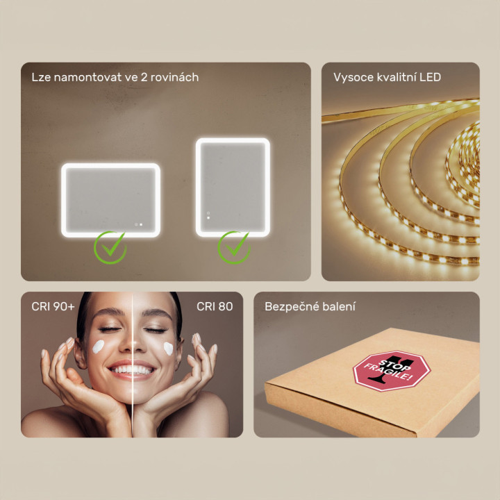 80x60 cm Zaoblené zrcadlo do koupelny s LED osvětlením, 80x60cm, dvoubarevné, dotykový spínač, topná matrace