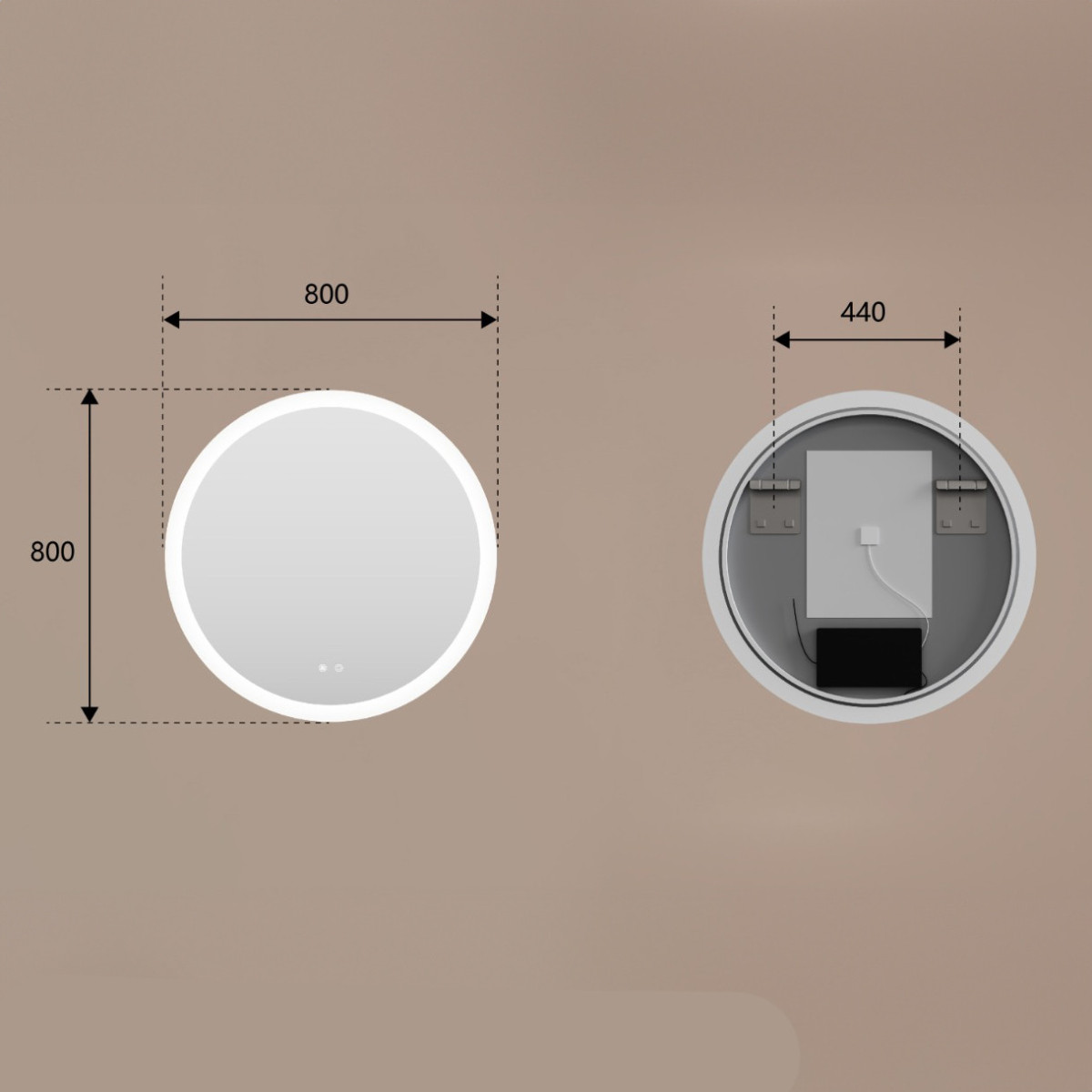 80x80 cm Kulaté koupelnové zrcadlo s LED osvětlením 80 cm s duální barvou, dotykový spínač, topná podložka