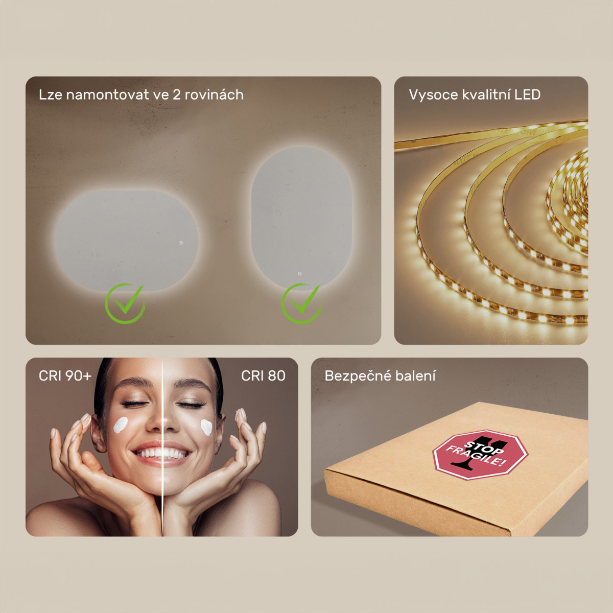 100x70 cm Podsvícené zrcadlo do koupelny, 100x70cm, dvoubarevné, dotykový spínač