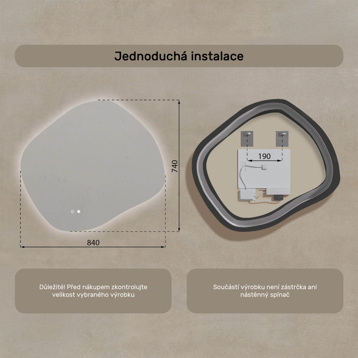 84x74 cm Koupelnové zrcadlo s osvětlením, 84x74cm, dvoubarevné, dotykový spínač, topná matrace