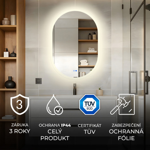 100x70 cm Osvětlené zrcadlo do koupelny, 100x70cm, dvoubarevné, dotykový spínač, topná matrace