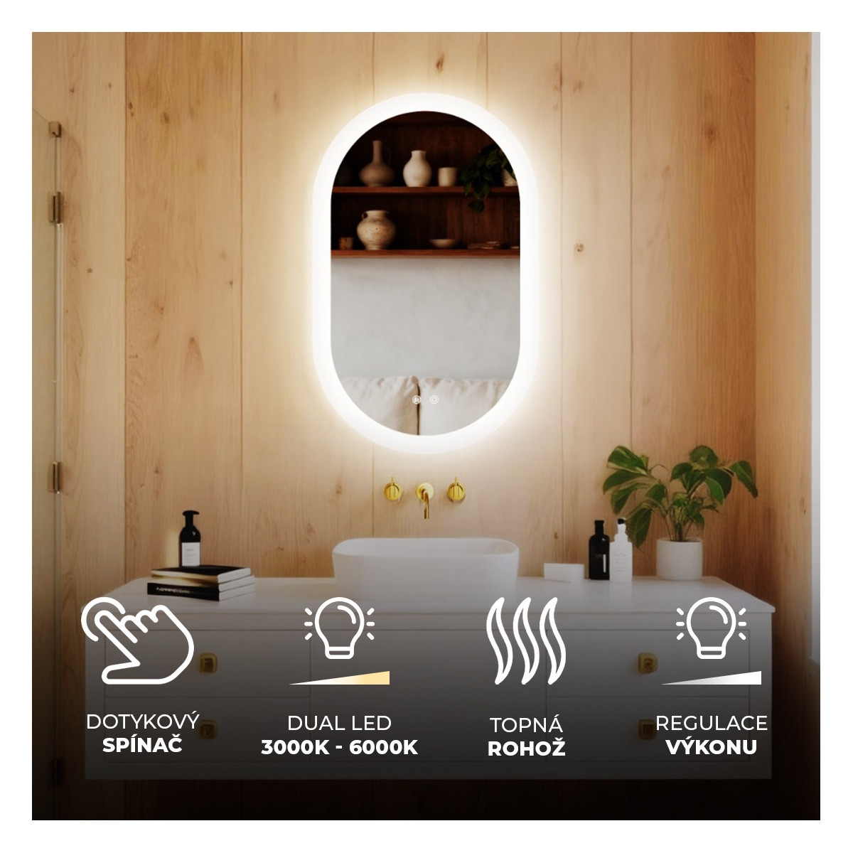80x50 cm Osvětlené zrcadlo do koupelny, 80x50cm, dvoubarevné, dotykový spínač, topná matrace