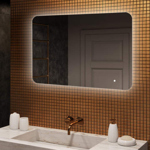 100x70 cm Zaoblené zrcadlo do koupelny s LED osvětlením, 100x70cm, dvoubarevné, dotykový spínač