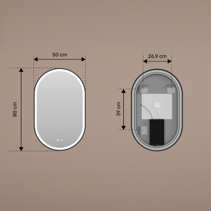 50x80/80x50 cm Oválné zrcadlo s LED podsvícením v černém hliníkovém rámu