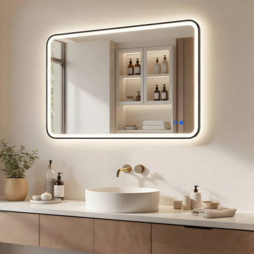 100x70/70x100 cm Zaoblené zrcadlo s LED podsvícením v černém hliníkovém rámu