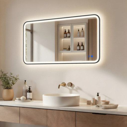 Zakřivené zrcadlo s LED podsvícením – 120x70/70x120 cm v černém hliníkovém rámu