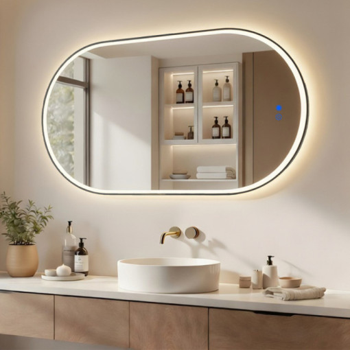 50x100/100x50 cm Oválné zrcadlo s LED podsvícením v černém hliníkovém rámu