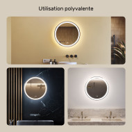 60x60 cm Miroir de salle de bain rond illuminé 60cm avec double couleur, interrupteur tactile, tapis chauffant
