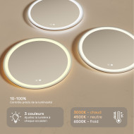 60x60 cm Miroir de salle de bain rond illuminé 60cm avec double couleur, interrupteur tactile, tapis chauffant