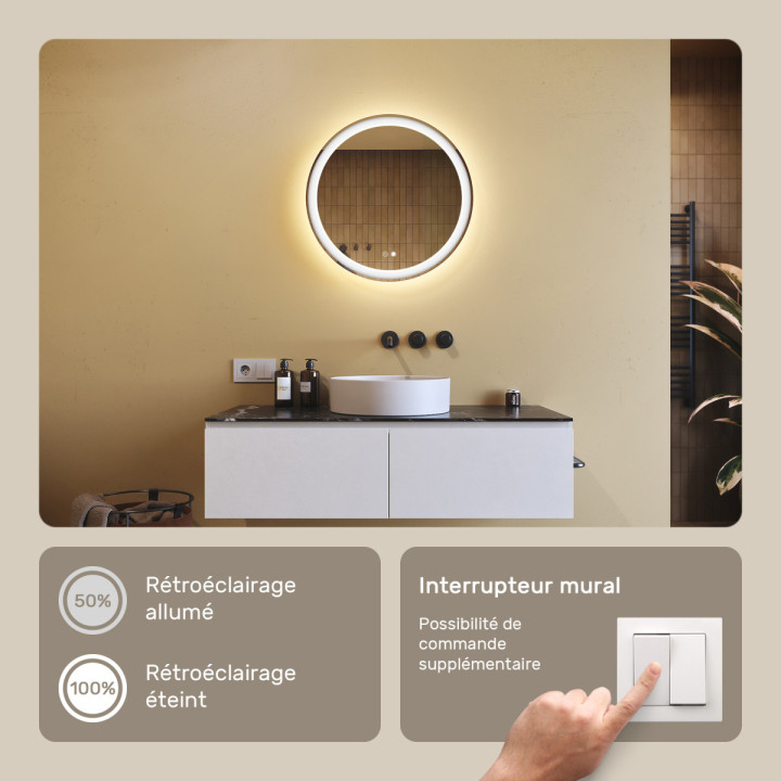 60x60 cm Miroir de salle de bain rond illuminé 60cm avec double couleur, interrupteur tactile, tapis chauffant