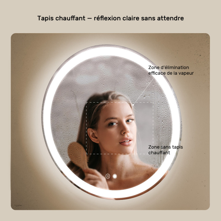 60x60 cm Miroir de salle de bain rond illuminé 60cm avec double couleur, interrupteur tactile, tapis chauffant