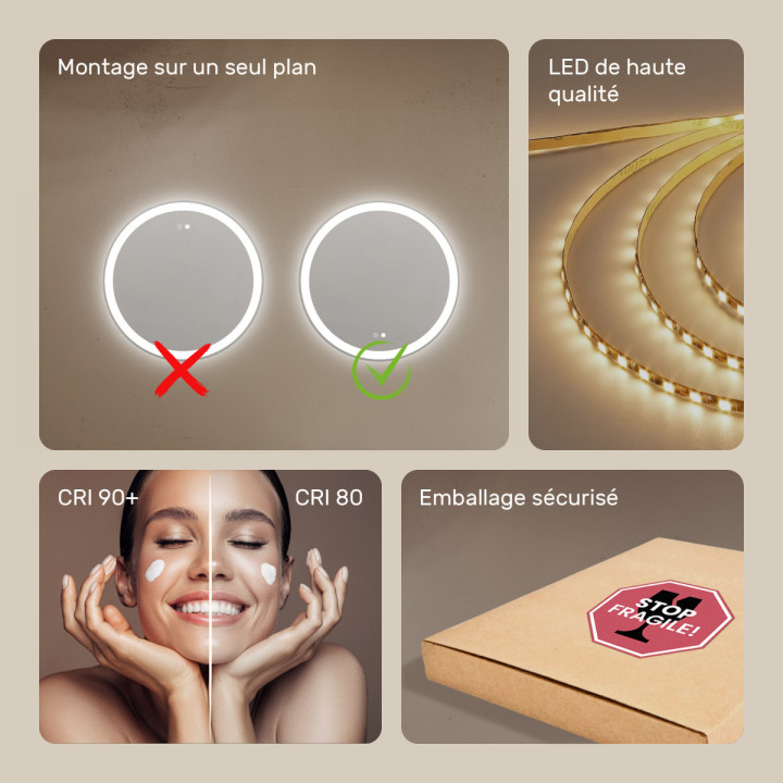 60x60 cm Miroir de salle de bain rond illuminé 60cm avec double couleur, interrupteur tactile, tapis chauffant