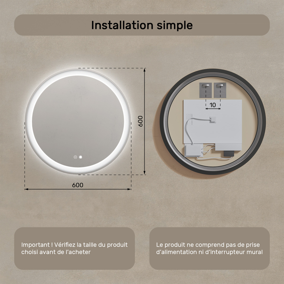 60x60 cm Miroir de salle de bain rond illuminé 60cm avec double couleur, interrupteur tactile, tapis chauffant
