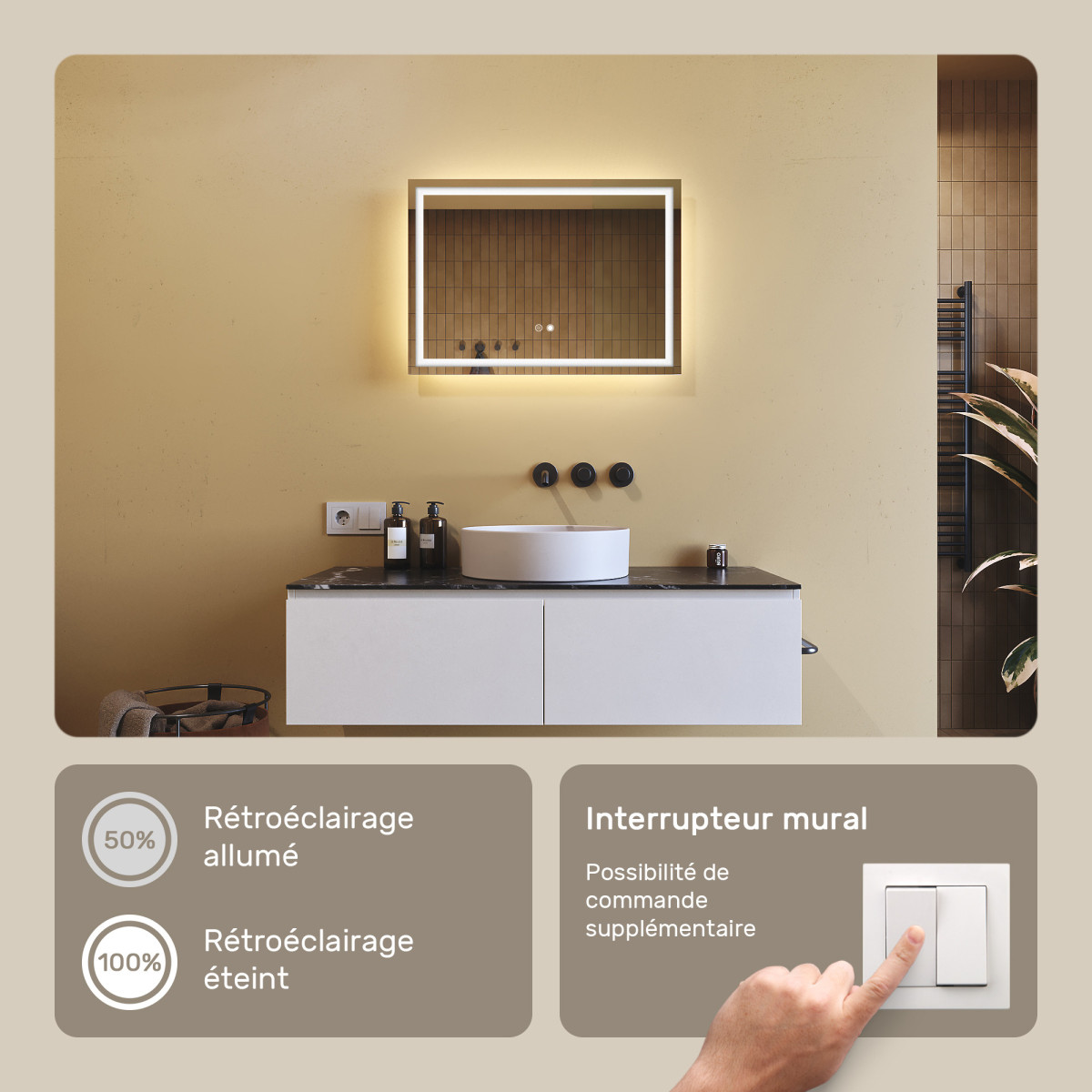 70x50 cm Miroir de salle de bain illuminé 70x50cm avec interrupteur tactile, tapis chauffant