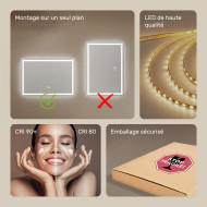 70x50 cm Miroir de salle de bain illuminé 70x50cm avec interrupteur tactile, tapis chauffant