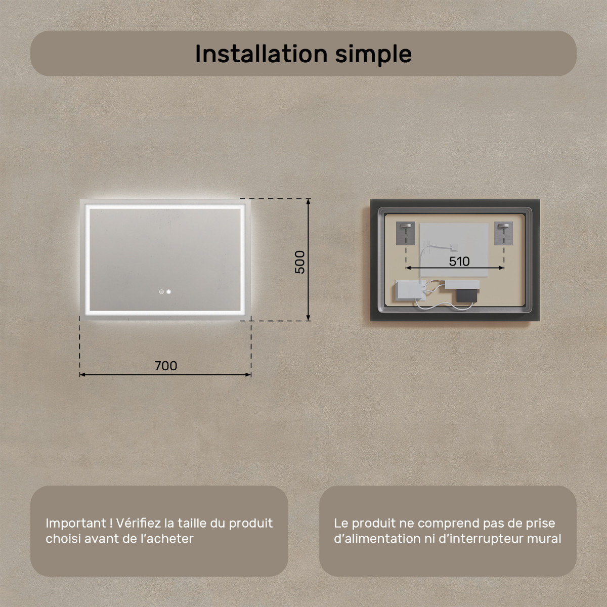 70x50 cm Miroir de salle de bain illuminé 70x50cm avec interrupteur tactile, tapis chauffant