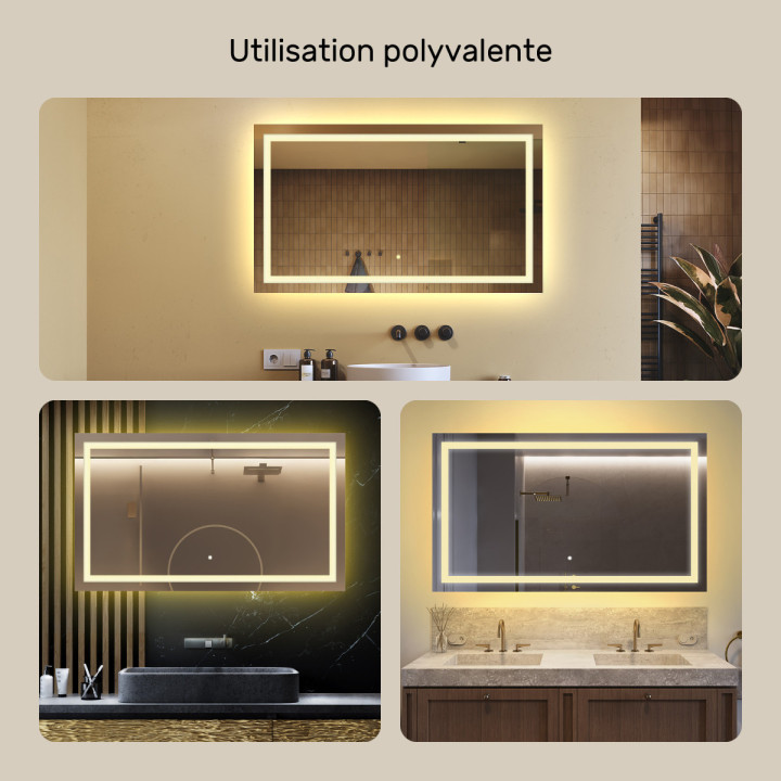 120x70 cm Miroir de salle de bain rectangulaire 120x70cm avec interrupteur tactile, couleur chaude 3000K