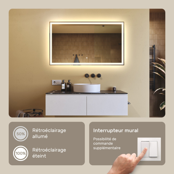 120x70 cm Miroir de salle de bain rectangulaire 120x70cm avec interrupteur tactile, couleur neutre 4500K