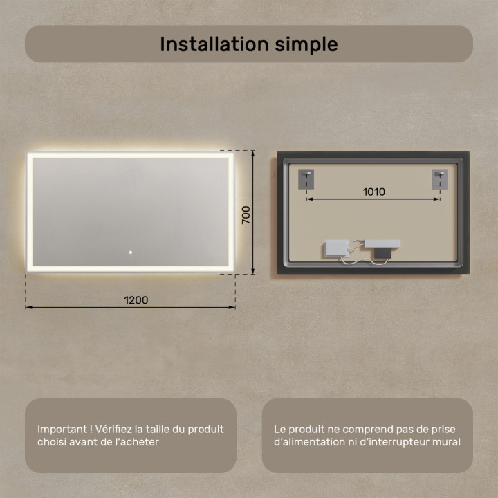 120x70 cm Miroir de salle de bain rectangulaire 120x70cm avec interrupteur tactile, couleur neutre 4500K