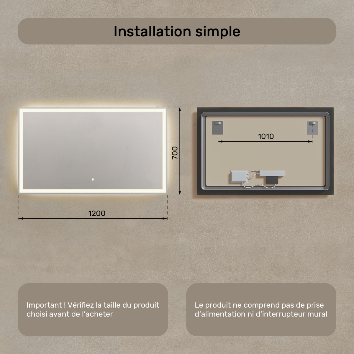 120x70 cm Miroir de salle de bain rectangulaire 120x70cm avec interrupteur tactile, couleur neutre 4500K