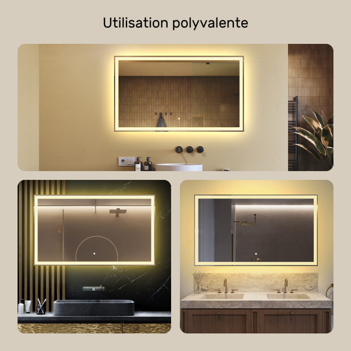 120x70 cm Miroir de salle de bain rectangulaire 120x70cm avec interrupteur tactile, couleur chaude 3000K