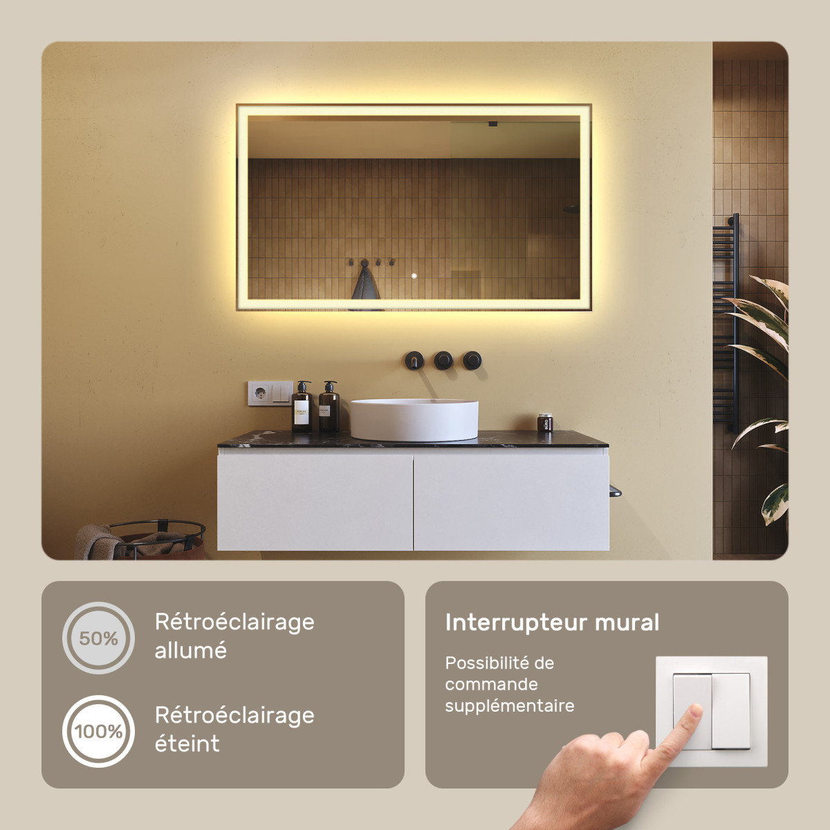 120x70 cm Miroir de salle de bain rectangulaire 120x70cm avec interrupteur tactile, couleur chaude 3000K