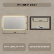 120x70 cm Miroir de salle de bain rectangulaire 120x70cm avec interrupteur tactile, couleur chaude 3000K