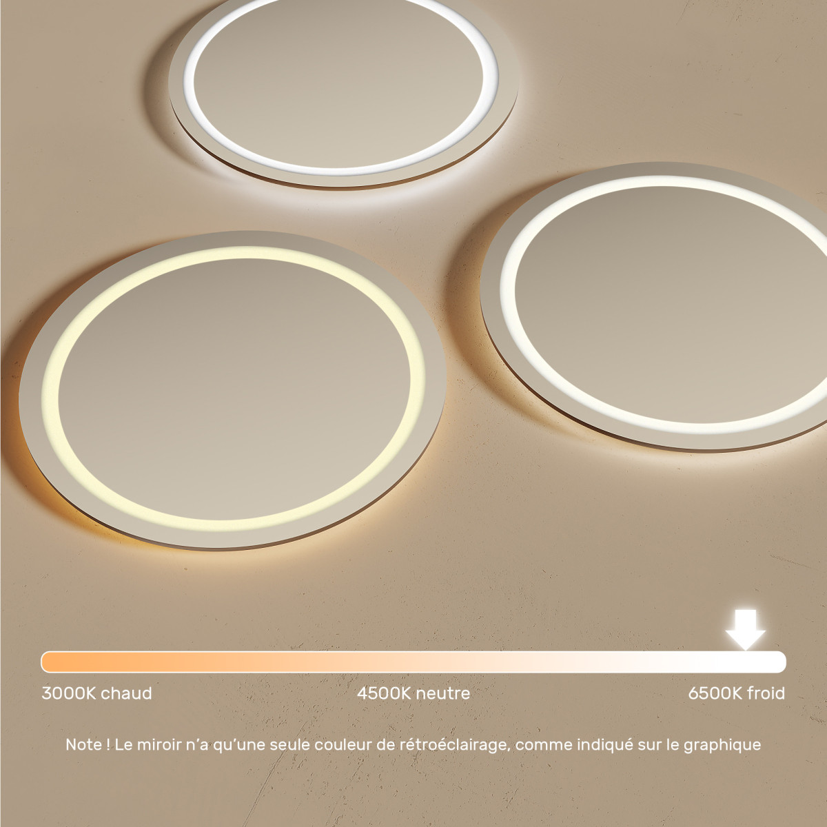 80x80 cm Miroir de salle de bain rond éclairé 80cm avec couleur froide LED 7000K