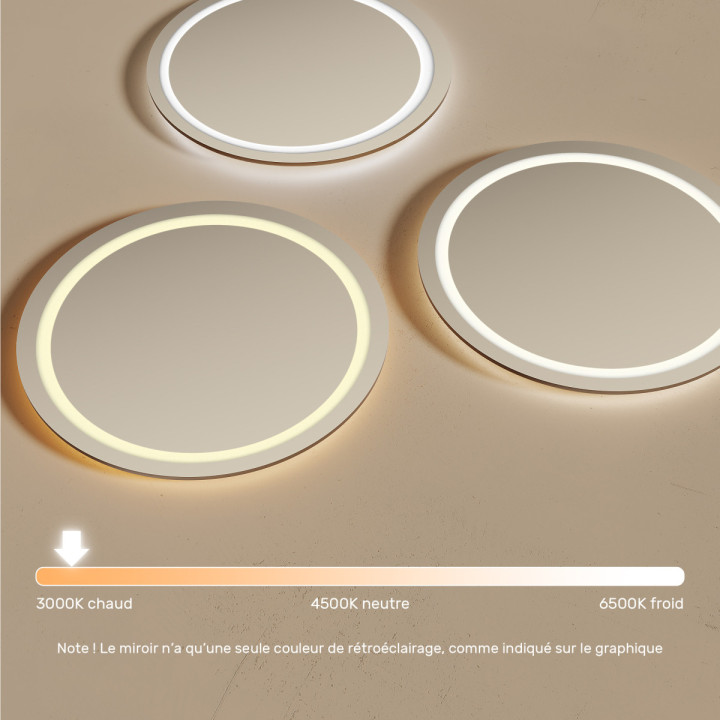 80x80 cm Miroir de salle de bain rond éclairé 80cm avec couleur chaude 3000K