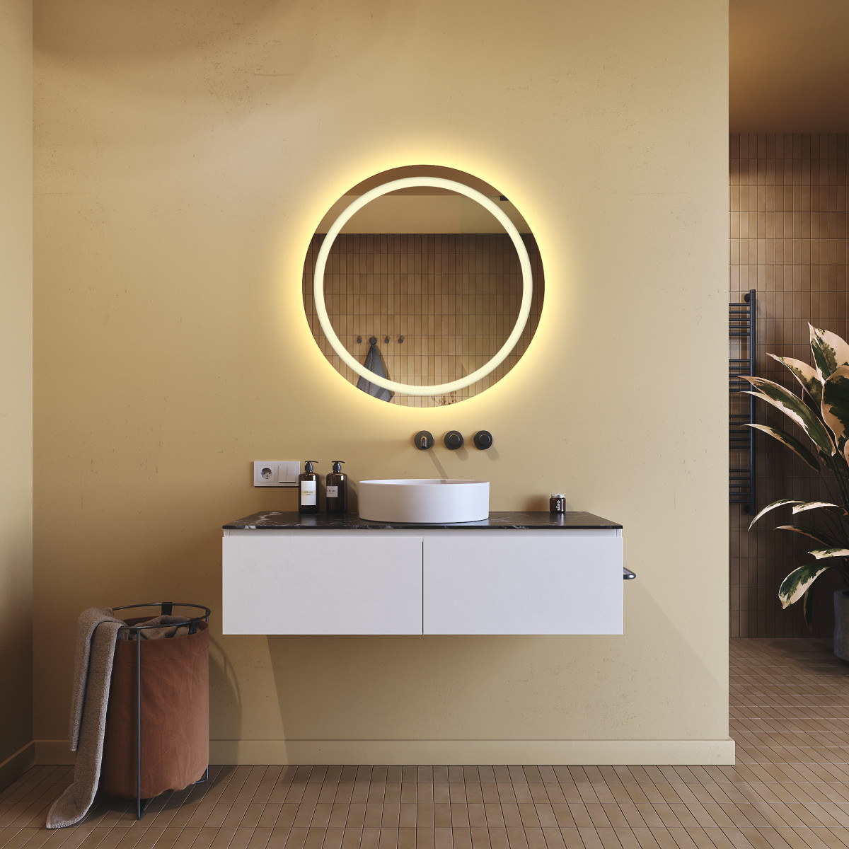 80x80 cm Miroir de salle de bain rond éclairé 80cm avec couleur chaude 3000K