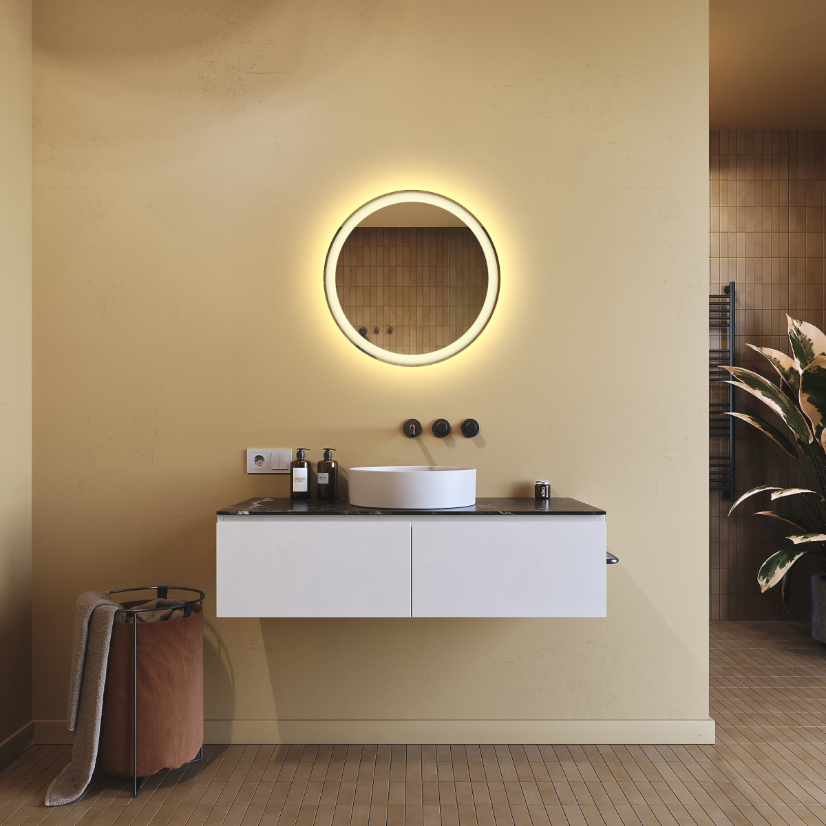 60x60 cm Miroir de salle de bain rond illuminé 60cm avec couleur chaude 3000K