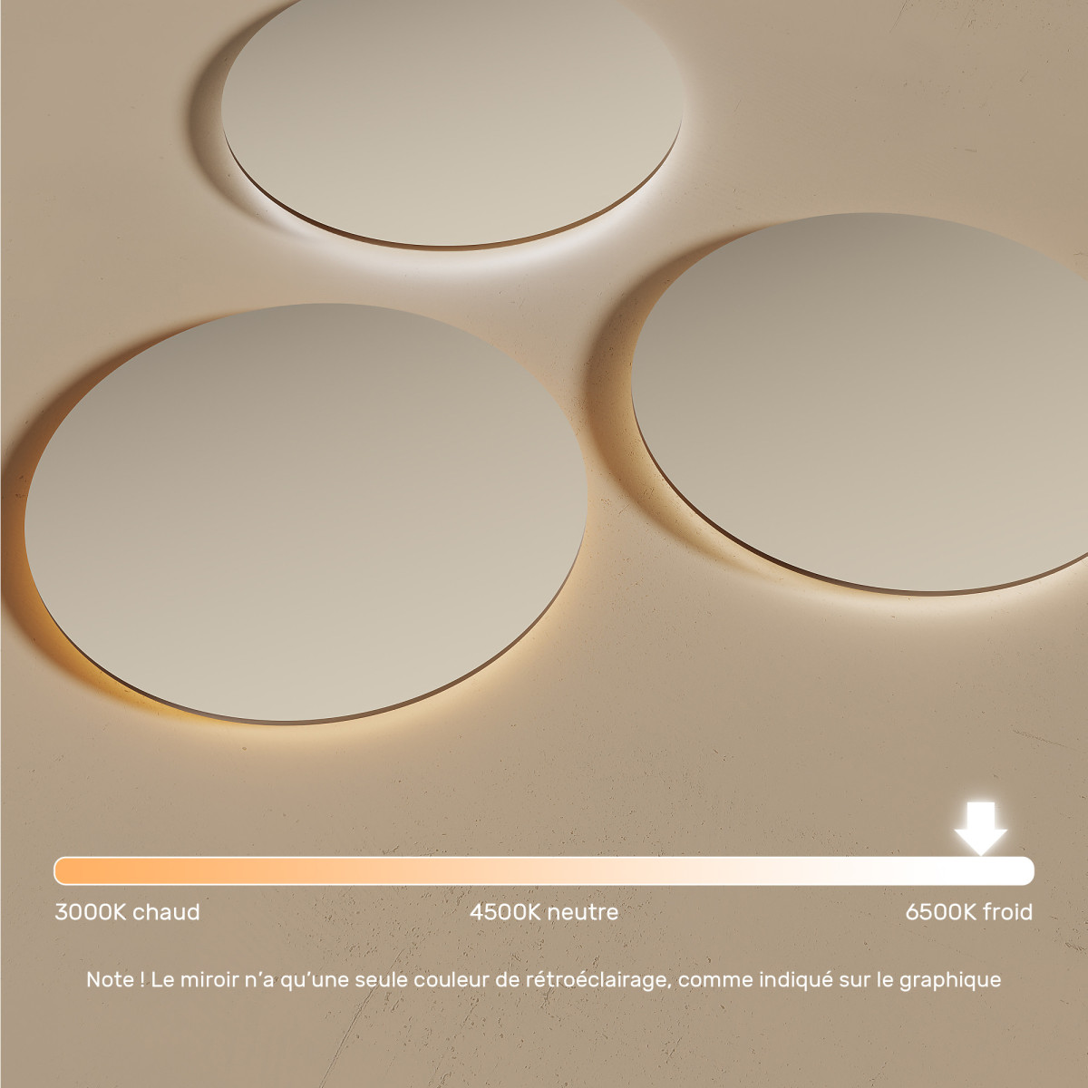 80x80 cm Miroir de salle de bain rond éclairé 80cm avec couleur froide LED 7000K