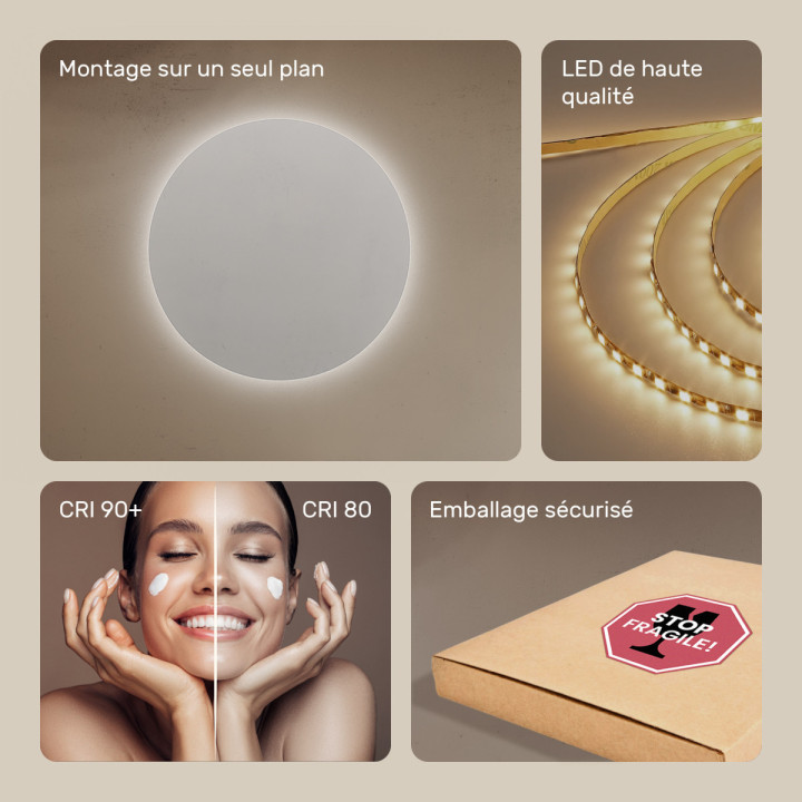 80x80 cm Miroir de salle de bain rond éclairé 80cm avec couleur froide LED 7000K