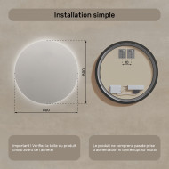 80x80 cm Miroir de salle de bain rond éclairé 80cm avec couleur froide LED 7000K