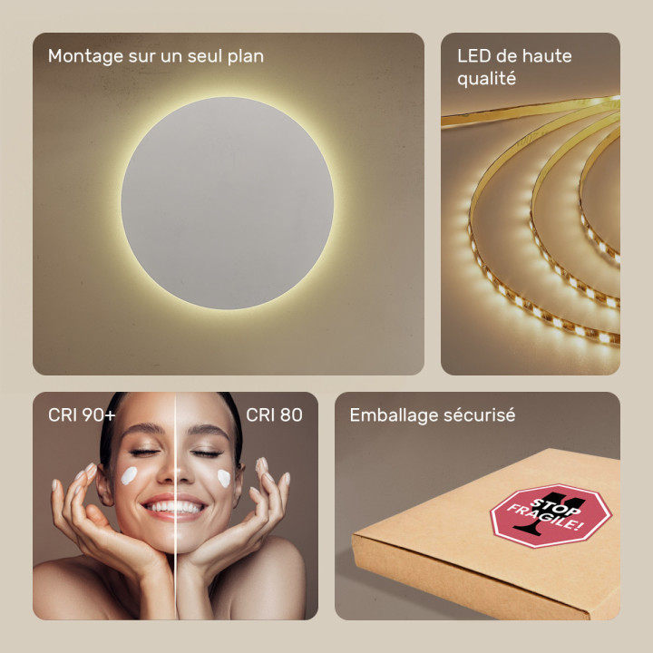 80x80 cm Miroir de salle de bain rond éclairé 80cm avec couleur chaude 3000K
