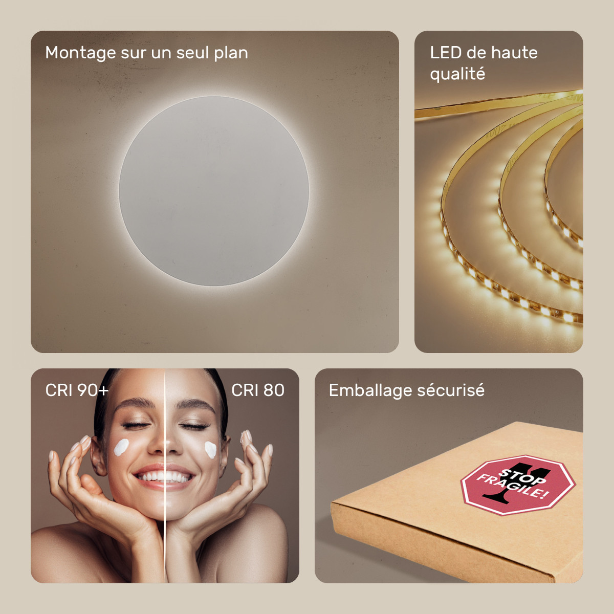 70x70 cm Miroir de salle de bain rond 70cm avec couleur froide LED 7000K