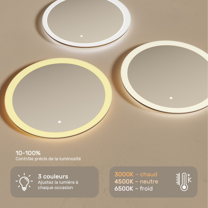 60x60 cm Miroir de salle de bain rond éclairé par LED 60cm avec Dual colour, Touch switch