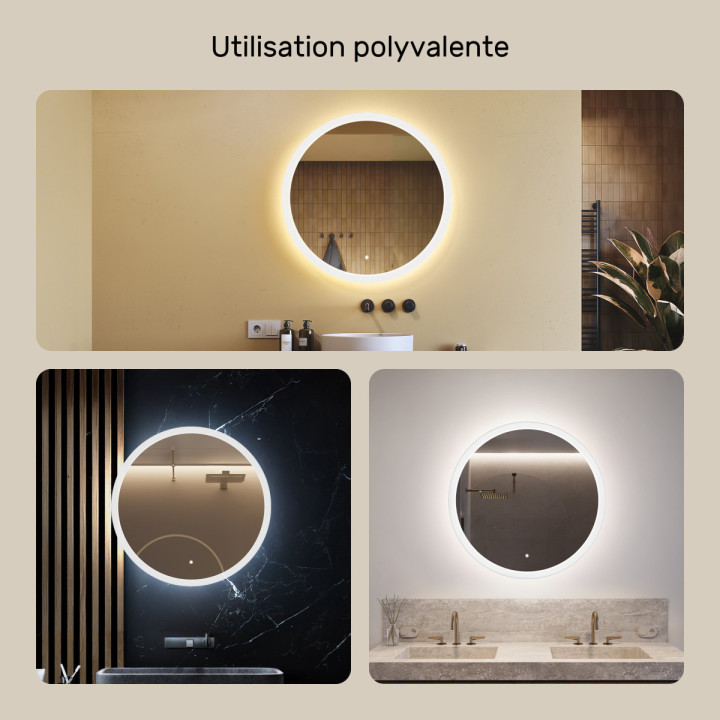 80x80 cm Miroir de salle de bain rond avec éclairage LED 80cm avec Dual colour, Touch switch