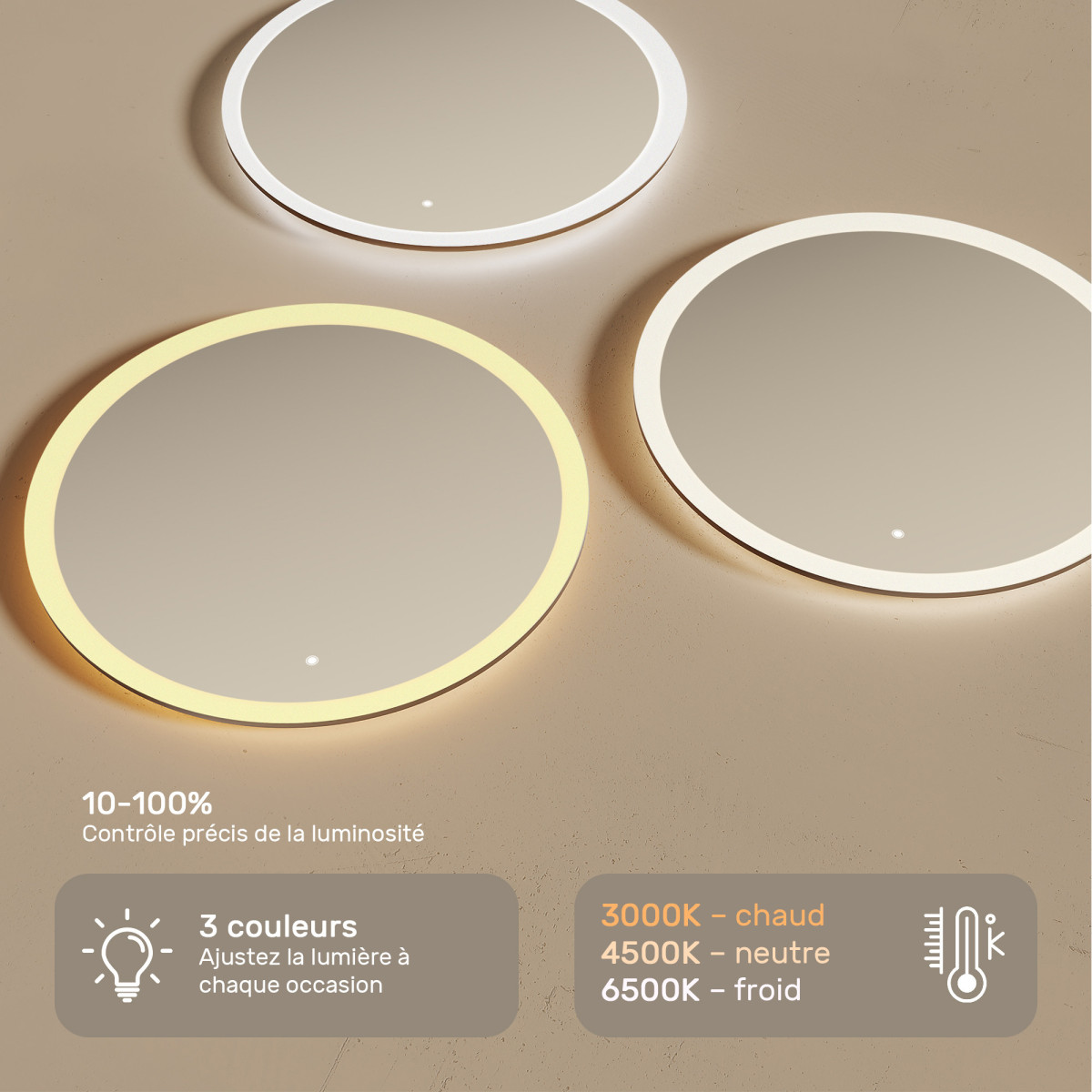 80x80 cm Miroir de salle de bain rond avec éclairage LED 80cm avec Dual colour, Touch switch