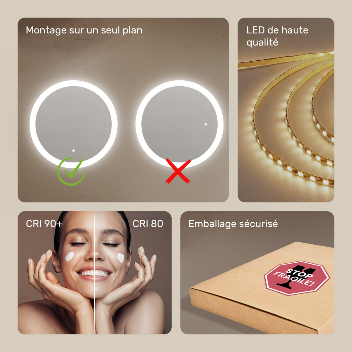 80x80 cm Miroir de salle de bain rond avec éclairage LED 80cm avec Dual colour, Touch switch