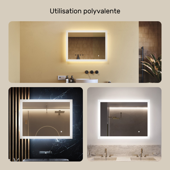80x60 cm Miroir de salle de bain rectangulaire avec éclairage LED 80x60cm avec Dual colour, Touch switch