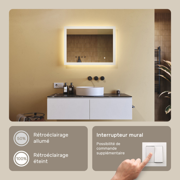 80x60 cm Miroir de salle de bain rectangulaire avec éclairage LED 80x60cm avec Dual colour, Touch switch